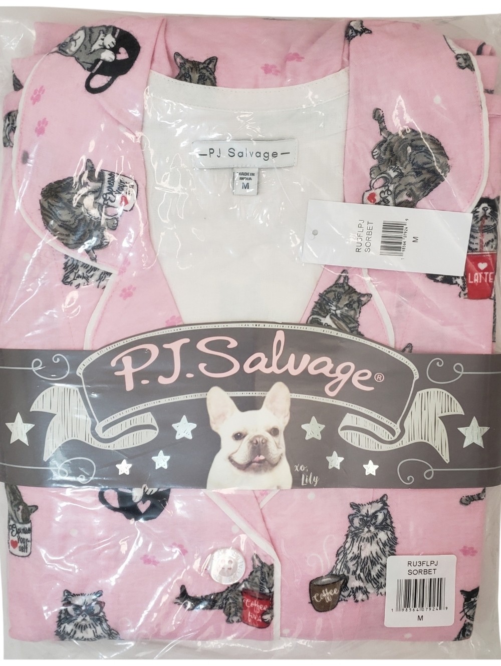 PJ Salvage Pajama Set Women Medium Flannel Cats Coffee Sorbet NWT😺☕